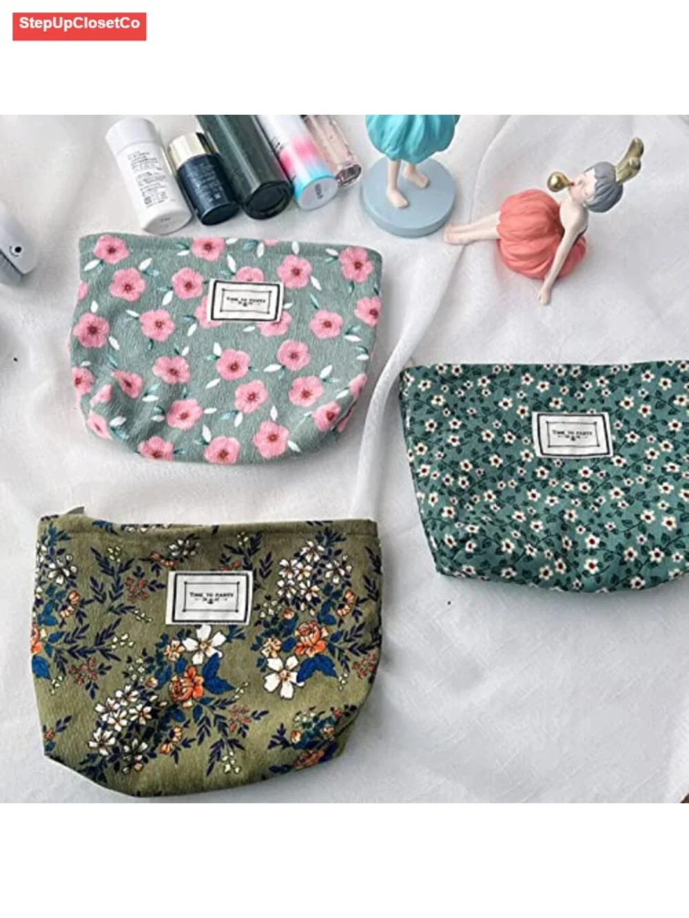 Vintage Corduroy Flower Cosmetic Bag, Portable Travel Makeup Pouch Purse